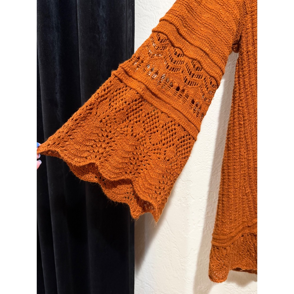 LC Lauren Conrad Womens XL Burnt Orange Pointelle Lace Bell Sleeve Knit Sweater - Picture 3 of 7
